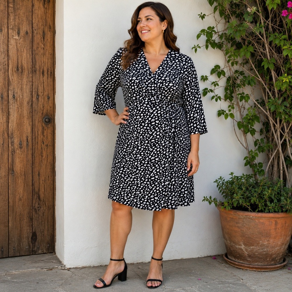 Chicos Black White Abstract Pebble Print Faux Wrap Dress 3/4 Sleeve Size 3 XL